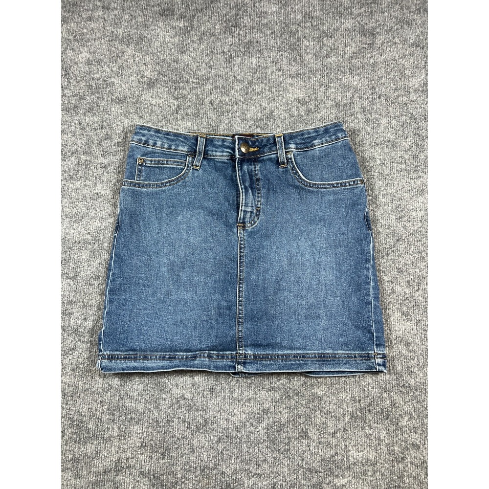 Lee Mini Skirt Womens 8 Blue Denim Cotton Stretch Contrast Stitching Dark Wash